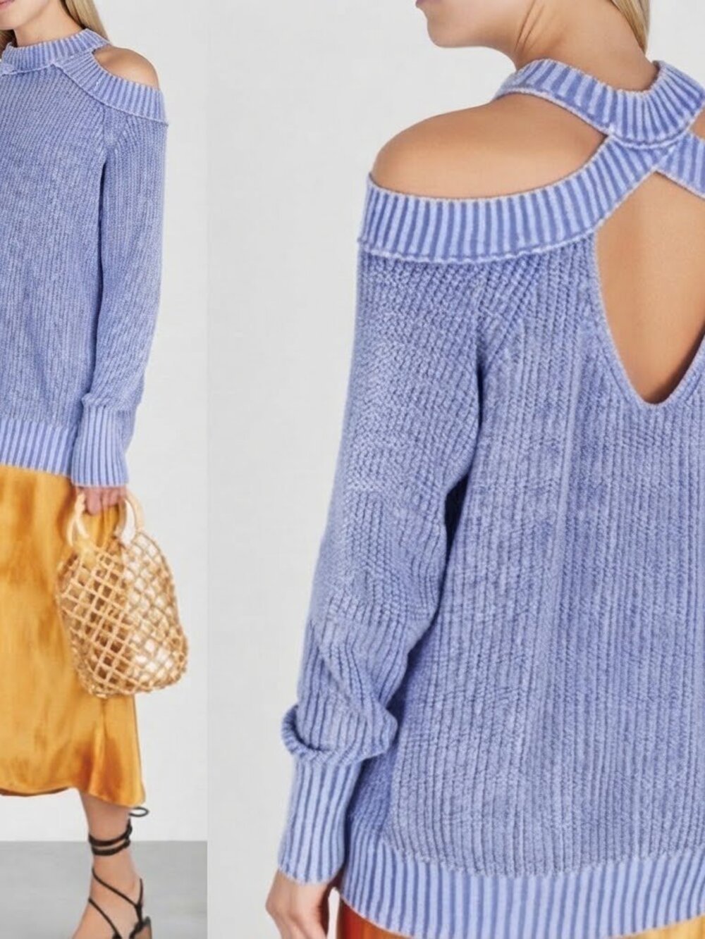 Free People Blue Oversized Slouchy Off-the-Shoulder Cotton Sweater XS Open Back